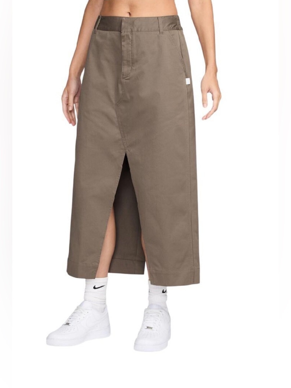Nike Sportswear Women’s Front Split Twill Brown Midi Skirt (HQ8022-233)  Large